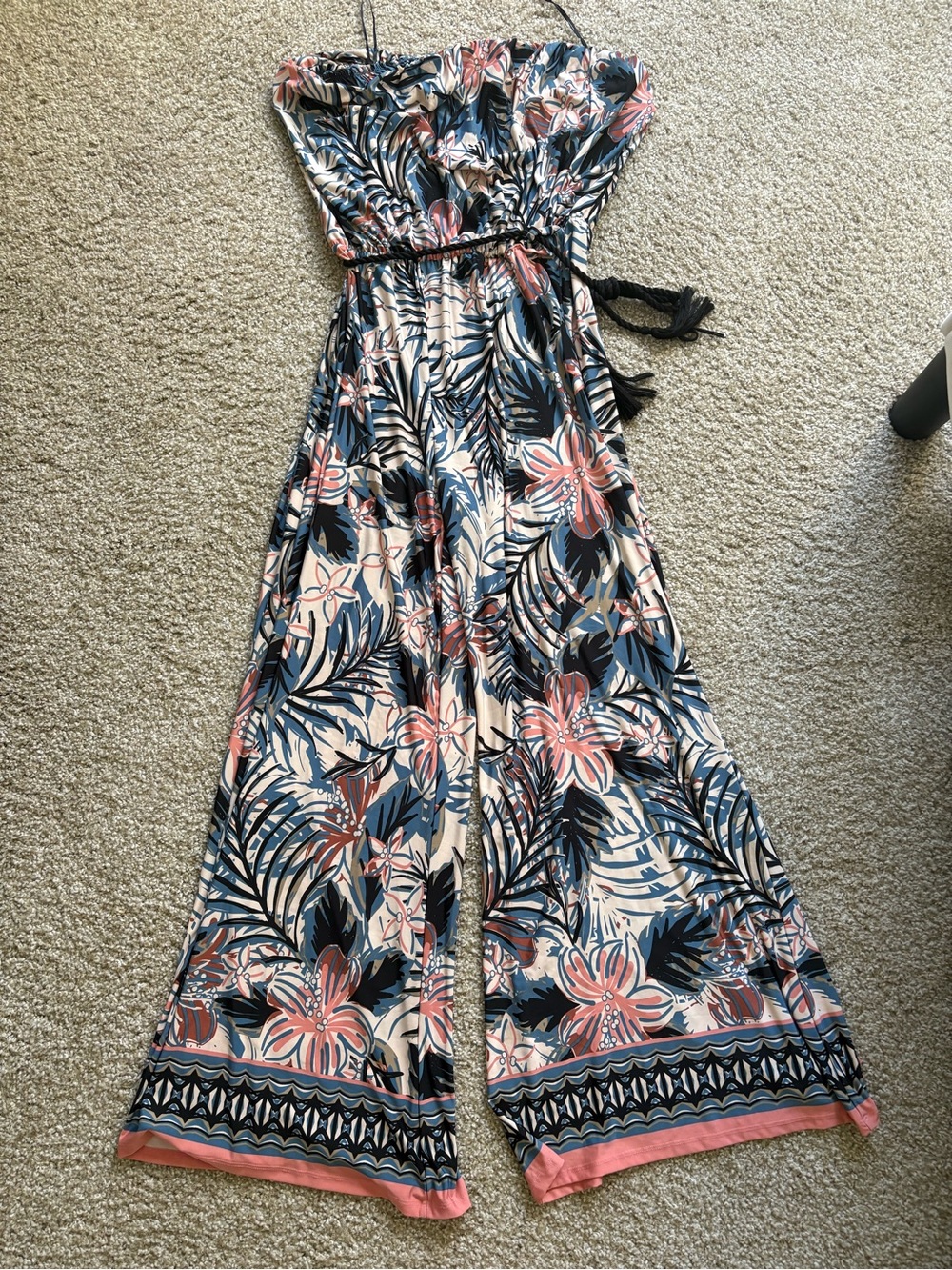 Strapless Floral Wide-Leg Jumpsuit in Navy & Pink